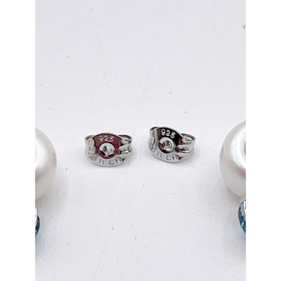 Sterling Silver 925 Pearl & Aquamarine Heart Earrings TIL China Romantic Jewelry - Picture 5 of 9